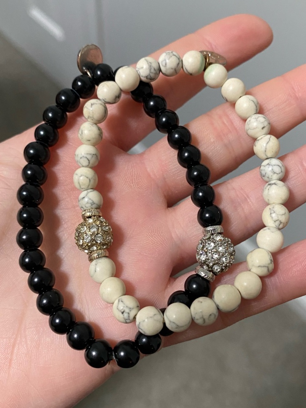 NWOT Super Cute Cream & Black Beaded Stretchy Silver Bobble Bracelets Set